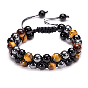 Double Bracelet Shamballa en Œil de Tigre, Hématite et Obsidienne Noire - Protection et Équilibre