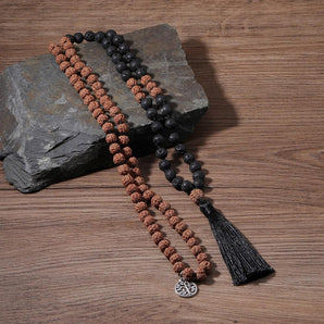 Mala 108 perles en graines de Rudraksha et Pierres de Lave