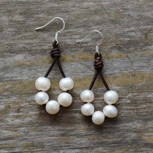 Boucles d'oreilles en perles d'eau douce et cuir