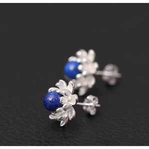 Boucles d'oreilles Lotus et Lapis Lazuli en argent 925