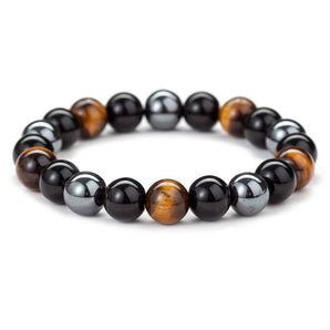 Bracelet de PROTECTION, ENERGIE POSITIVE et PUISSANCE en obsidienne noire, oeil de tigre et hématite.