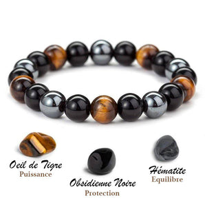 Bracelet de PROTECTION, ENERGIE POSITIVE et PUISSANCE en obsidienne noire, oeil de tigre et hématite.