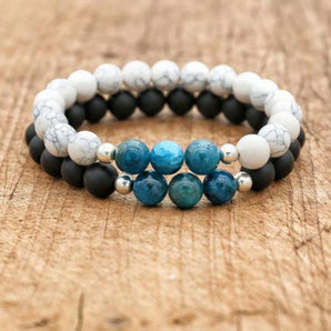 Bracelet Onyx noir mat ou Howlite blanche et Apatite bleue