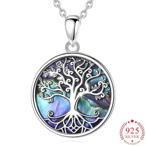 Collier pendentif Arbre de vie en argent Sterling 925 et fond en coquillage d'ormeau