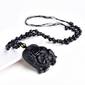 Collier pendentif éléphants en obsidienne