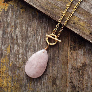 Collier pendentif larme en Quartz rose naturel