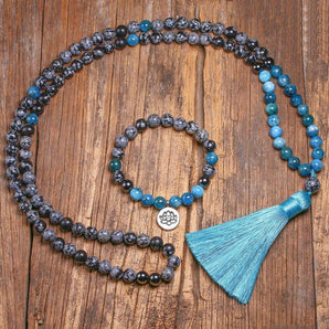 Ensemble Bracelet et Collier Mala en Apatite et Obsidienne flocon de neige