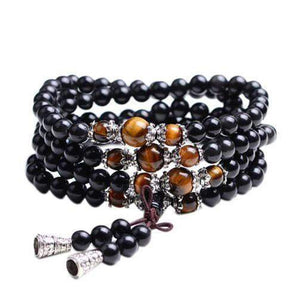 Mala de protection 108 perles oeil de tigre et obsidienne noire