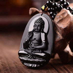 Pendentif Amitabha Bouddha en Obsidienne noire