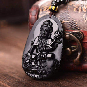 Pendentif Samantabhadra Bouddha en obsidienne noire