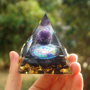 Pyramide Orgonite sphère Améthyste, Cristal et Obsidienne