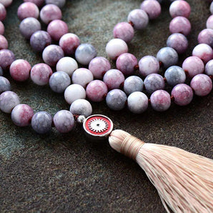 Superbe Mala de méditation «centrage» en pierres de rhodonite givrée et son bracelet