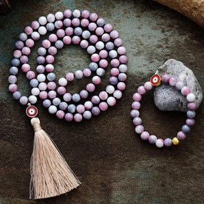 Superbe Mala de méditation «centrage» en pierres de rhodonite givrée et son bracelet